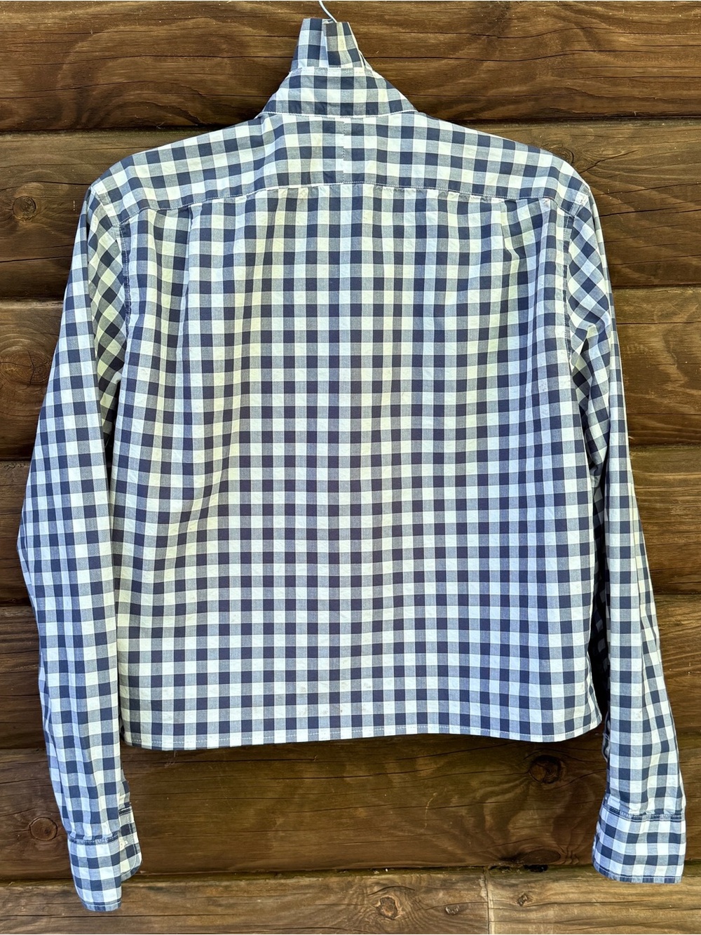 Upcycled J. Crew Navy and White Gingham Button-Down Shirt with Ruffle Neck - Picture 4 of 14